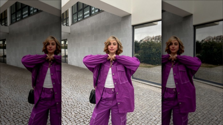 woman wearing purple monochrome outfit
