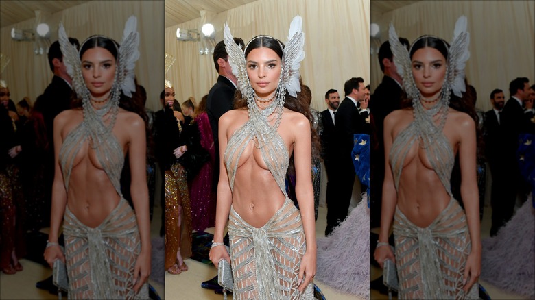 emily ratajkowski in sheer sparkly gown