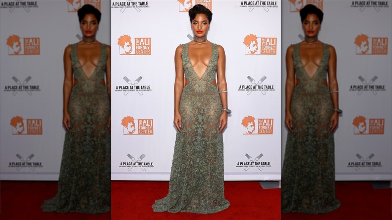indya moore sheer green dress