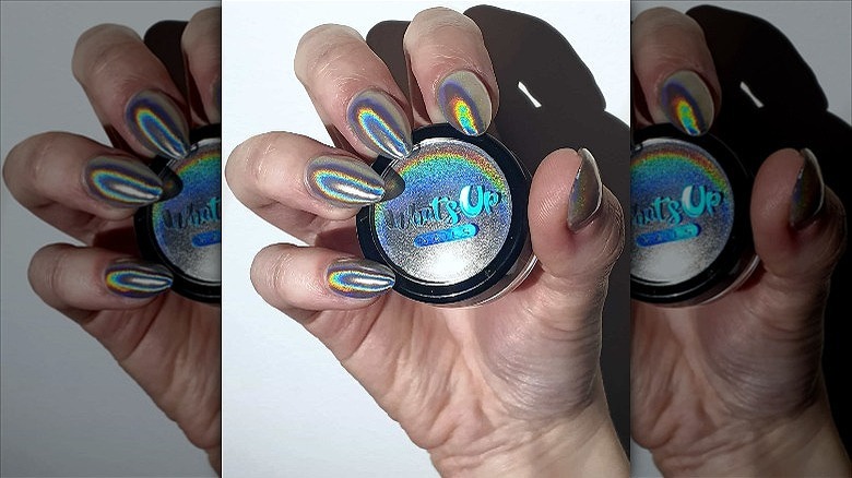 woman with silver chrome nails