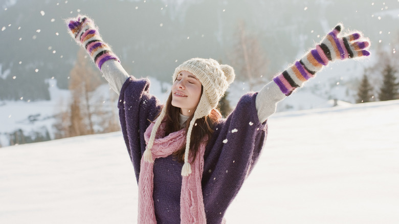 peaceful woman in snow