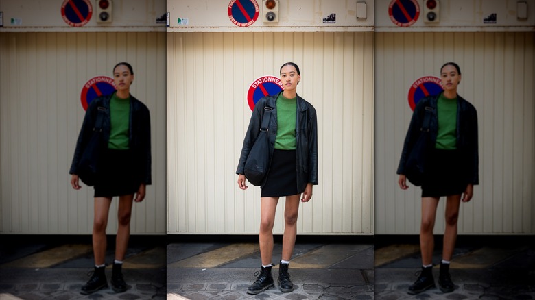 woman wearing leather jacket