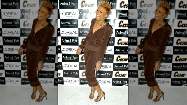 woman wearing velour track suit