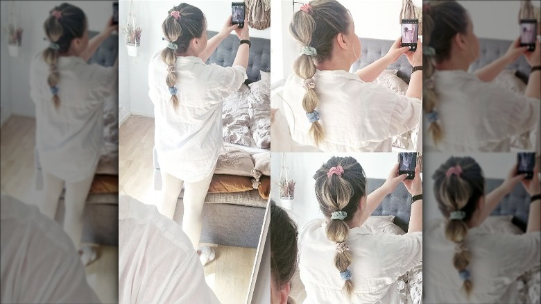 woman wearing four scrunchie ponytail