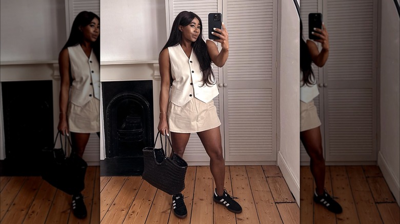 woman in waistcoat over a skirt