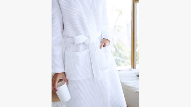 white waffle robe with tie waist