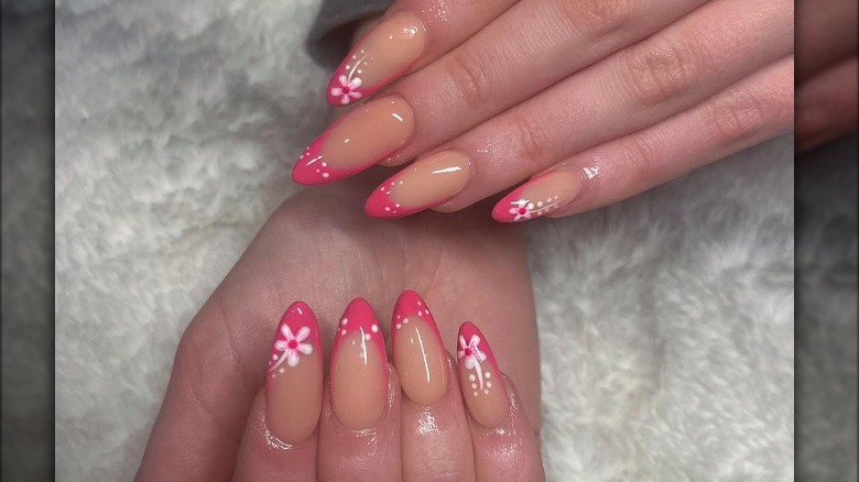 Pink flowers french manicure