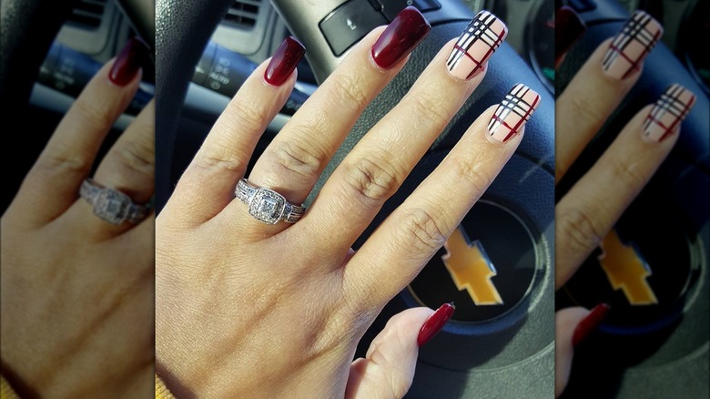 Burgundy and checkered manicure