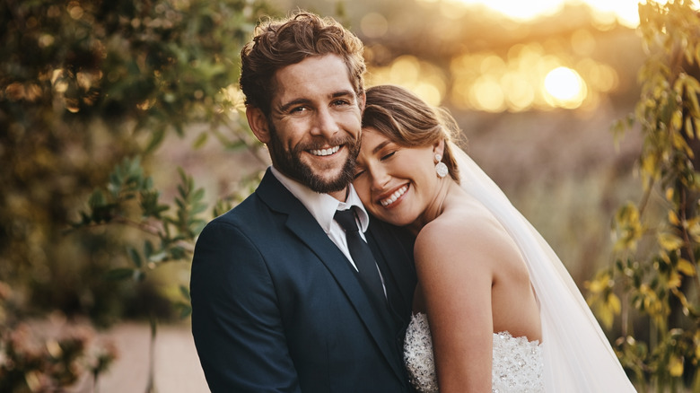 Smiling couple on wedding day