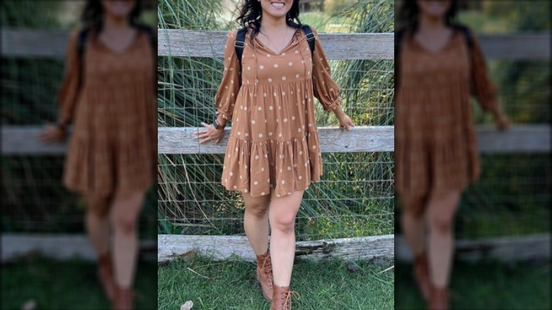 Woman brown polka dot dress