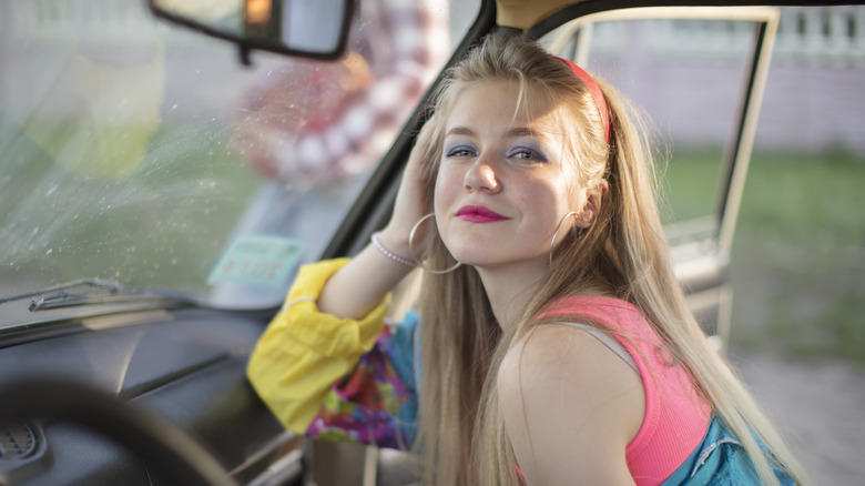 Woman with colorful '80s makeup