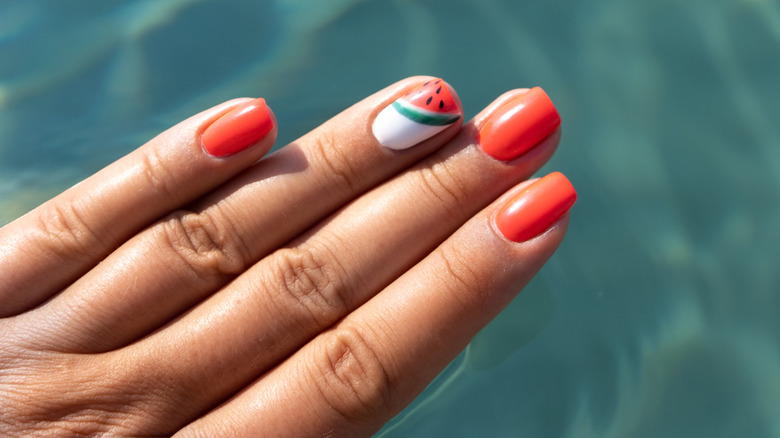A watermelon nail art design.