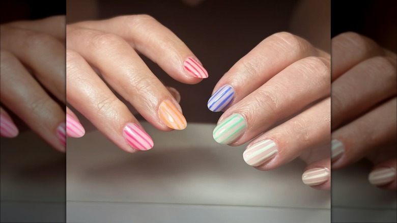 A striped nail art design.