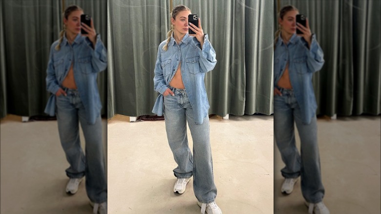 A woman wearing denim on denim