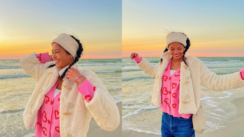 woman wearing sherpa coat over sweater