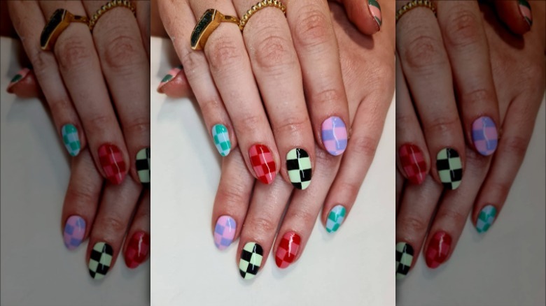 woman with two tone checkered nails