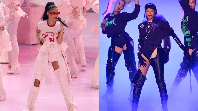 Split image of Rihanna performing in pink and black at the 2016 VMAs