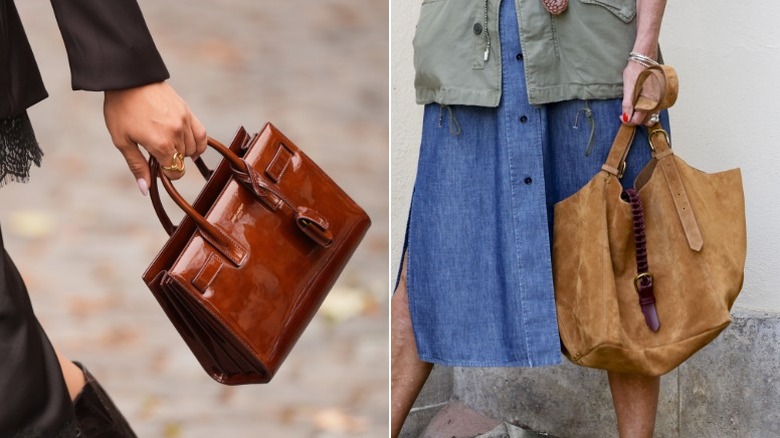 A woman carries a structured brown handbag, and one carries a slouchy tote