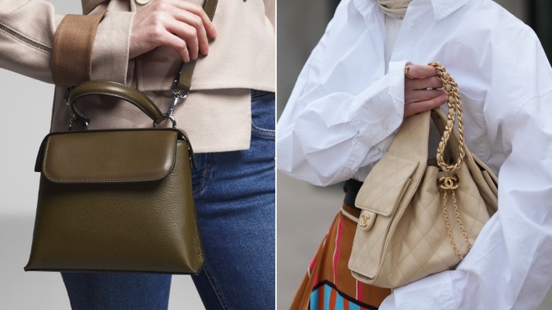 A plain olive green bag, and an embellished ivory Chanel bag with gold hardware