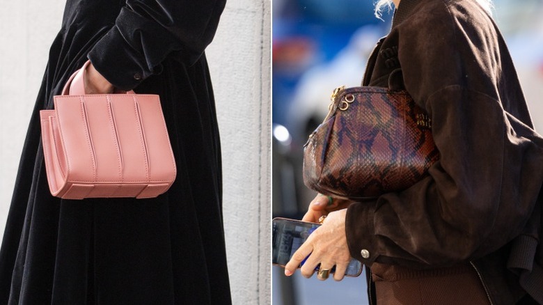 A woman carrying a micro handbag and one carrying an oversized clutch