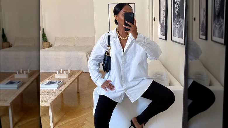 Leggings with oversized button down