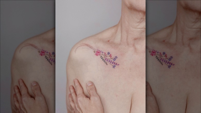 colorful bouquet collarbone tattoo