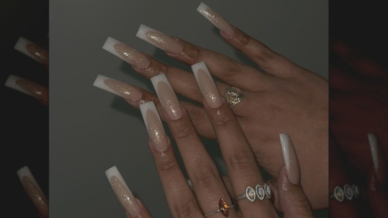 Glitter skin-tone French manicure