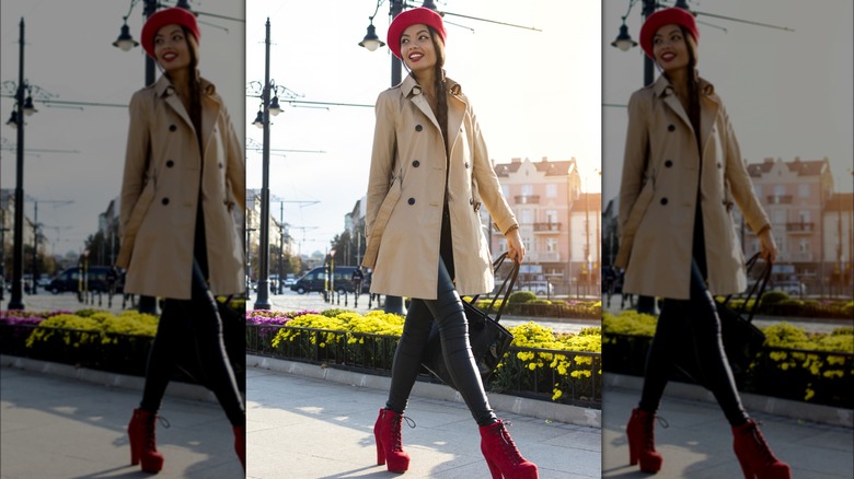 Woman wearing trenchcoat and red beret