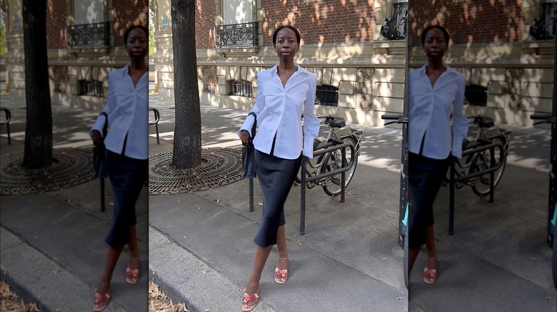 Woman wearing a slip skirt outift