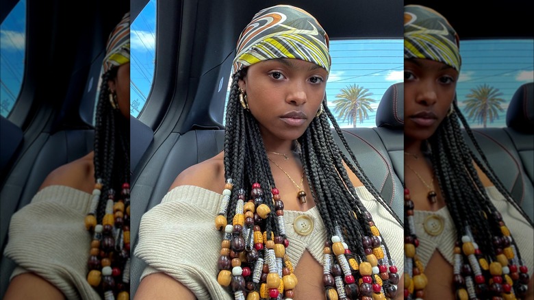 Woman wearing a colorful headscarf