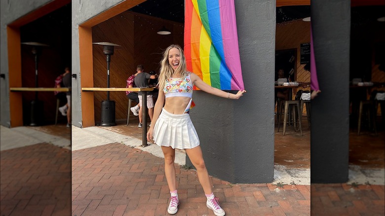 White top with rainbow hearts white skirt