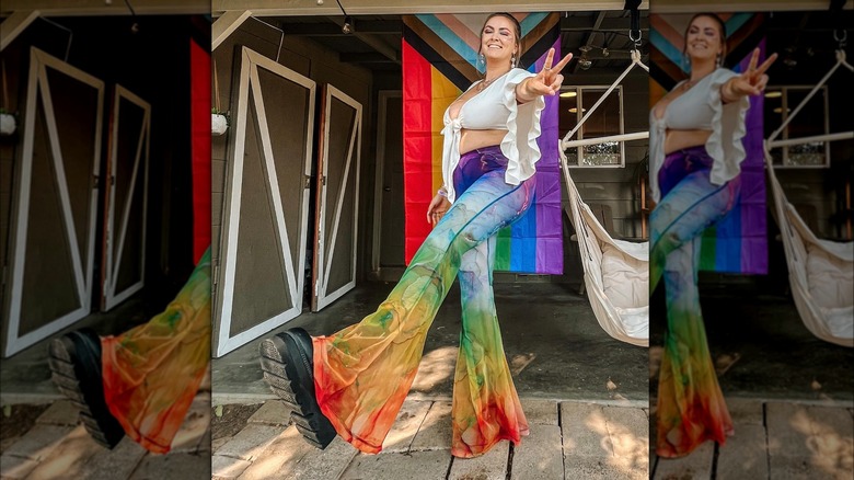 Rainbow tie-dyed pants white cropped shirt
