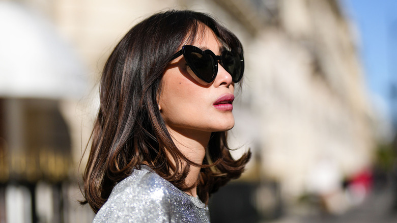 Model wearing lob haircut