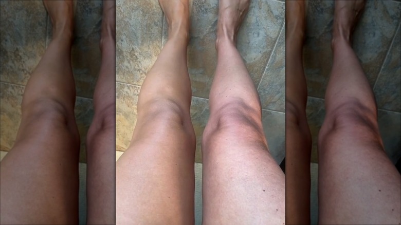 A woman with makeup spray on one of her legs