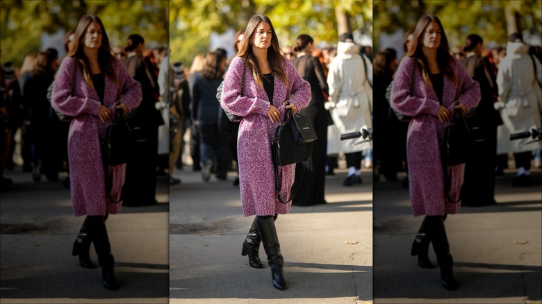 woman wearing purple long cardigan