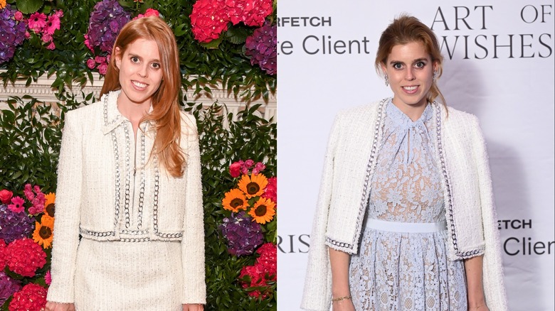 Princess Beatrice wearing white tweed jacket