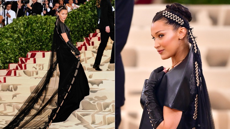 Side-by-side of Bella Hadid wearing a long lace veil at the 2018 Met Gala.