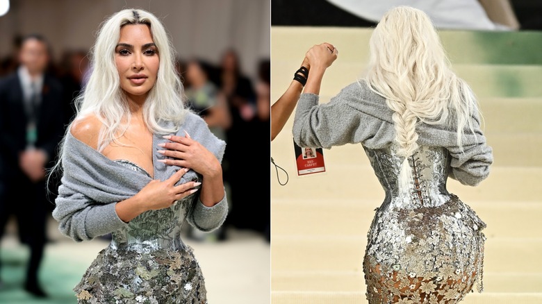 Front and back view of Kim Kardashian's corseted dress at the 2024 Met Gala.