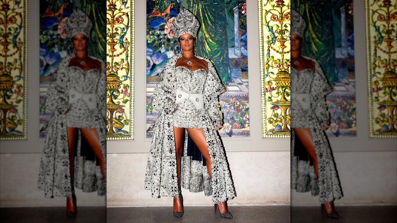 Rihanna wearing couture inspired by Catholic vestments at the 2018 Met Gala.