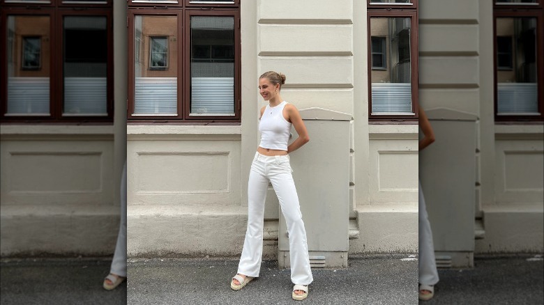 Girl wearing low-rise pants.