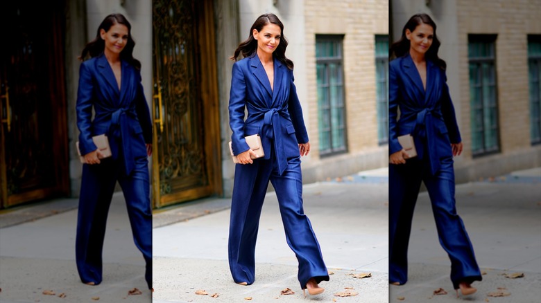 Katie Holmes in a royal-blue powersuit