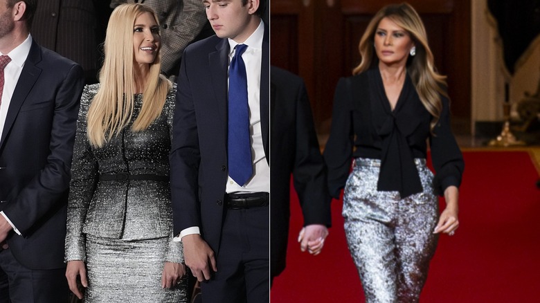 Ivanka is wearing a black and white sparkly tailored skirt suit. Melania is wearing a black blouse with a pair of silver metallic trousers.