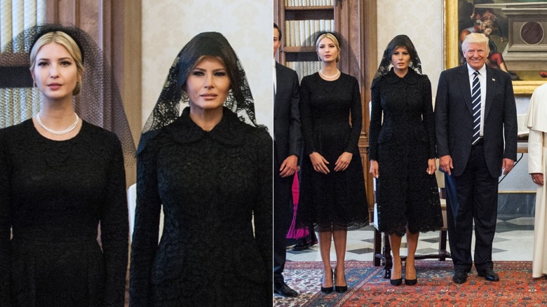 Ivanka and Melania stand next to each other in black dresses, black heels, and black veils. Ivanka's veil is thinner, whereas Melania is wearing a thick black lace veil.