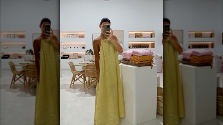 Woman wearing citrus green dress