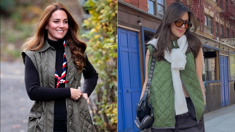 Kate Middleton and model wearing olive puffer vests