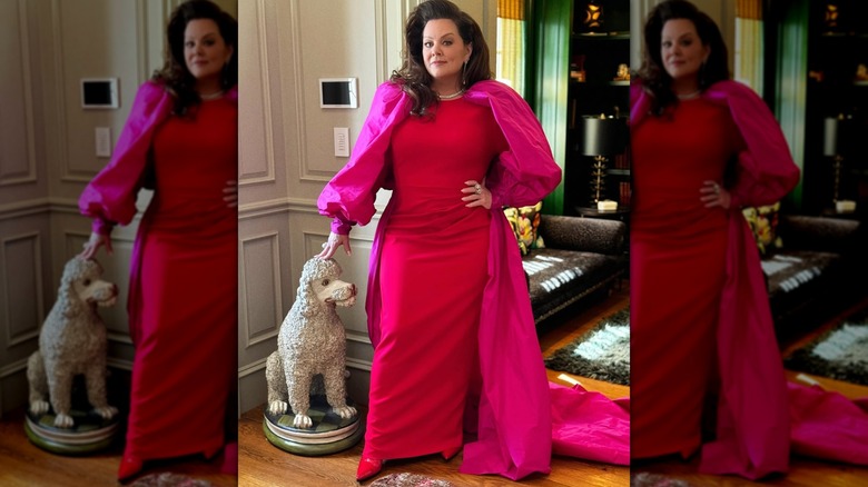 Melissa McCarthy poses in a gown with her hand on a nearby dog statue