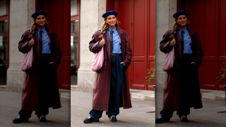 woman wearing red leather coat