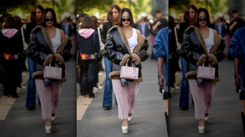 Black leather aviator jacket with shearling