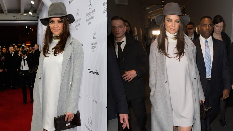 Katie Holmes is photographed in a grey outfit at Berlin Fashion Week in 2015