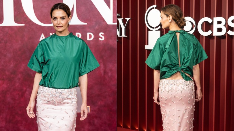 Katie Holmes poses for photos on the red carpet at the 2025 Tony Awards